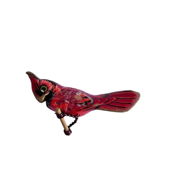 Vintage Wooden Cardinal Brooch 2.25" Painted on Perch Figural - Picture 2 of 4